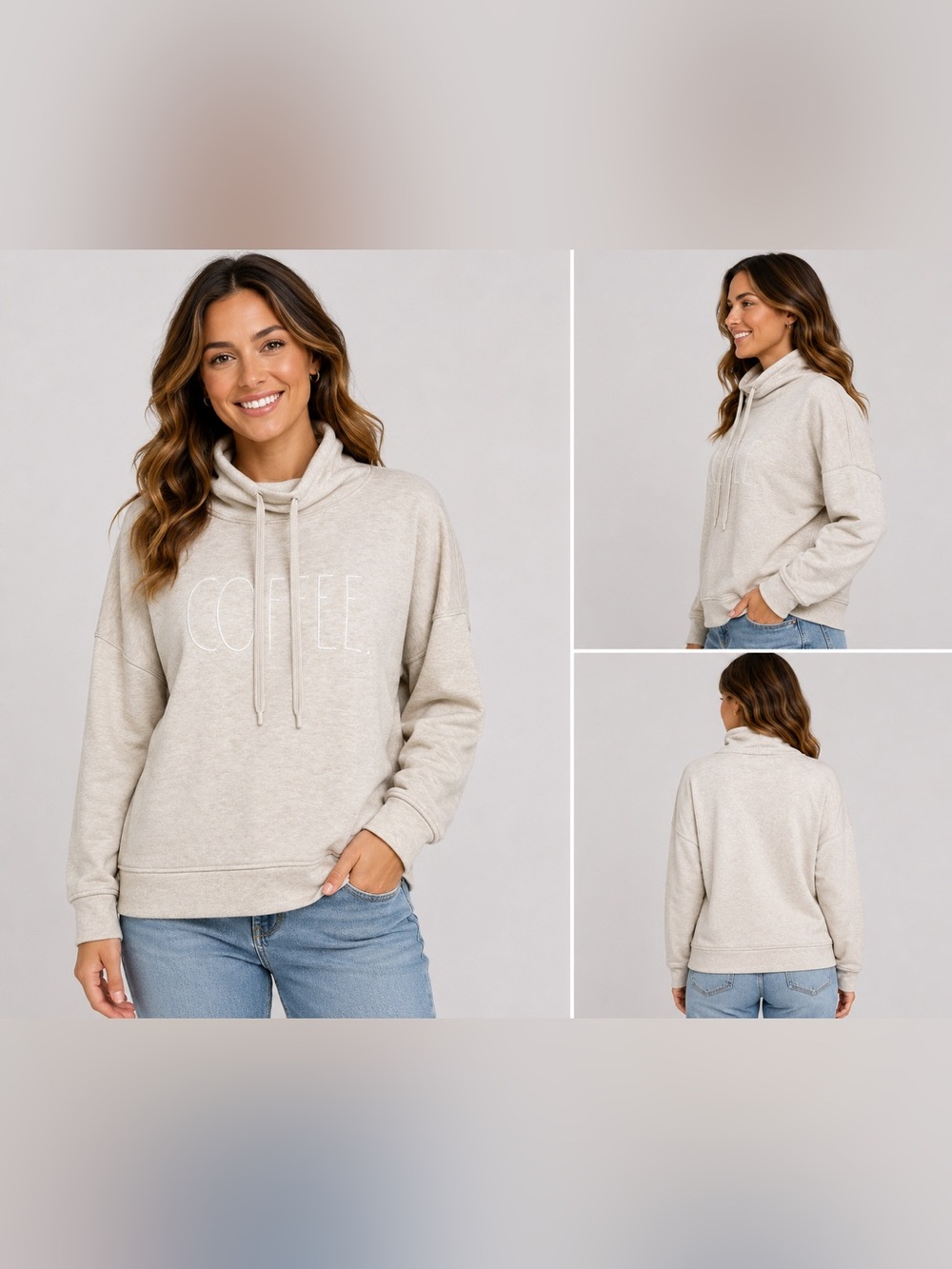 Rae Dunn Coffee Cowl Neck Sweatshirt Small